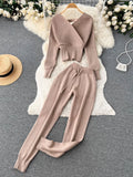 Yipinpay Winter Casual Knitted Two Pieces Suits V Neck Long Sleeve Sweater+ Elastic Casual Long Pants Sets Women Sweater Sets