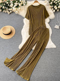 Yipinpay Pleated Fashion Solid Set Women Loose O Neck Tops Elastic Waist Split Wide Leg Long Pants Ladies Elegant Two Piece Set