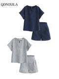 Yipinpay Summer New Cotton Linen Oversized Women's Shorts Sets Solid Fashion Short Sleeve T-shirt Top and Shorts 2 Piece Set Outfits