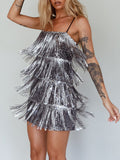 Yipinpay Fashion Womens Summer Casual Sling Dress Silver Sleeveless Backless Sequins Tassel Dress Club Street Style Hot Sale S-XL
