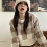 Yipinpay Crop Contrast Check Sweater Women Sueter Mujer Casual Knit Outwear Top 2023 Shirts for Women Blue Plaid Sweaters