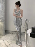 Yipinpay Sleeveless Party Dress Woman Backless Swinging Collar Halter Bling Mermaid Dresses Sexy Ladies Elegant Temperament