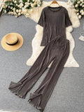 Yipinpay Pleated Fashion Solid Set Women Loose O Neck Tops Elastic Waist Split Wide Leg Long Pants Ladies Elegant Two Piece Set