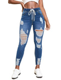Yipinpay Autumn New Women's Elastic Waist Ripped Jeans Fashion Skinny High Stretch Denim Pencil Pants Casual Slim Ladies Jeans S-2XL