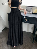 yipinpay Vintage Metallic Maxi Skirts Women Street Casual High Waist Long A-line Skirt Chic Korean Black SGothic Faldashiny