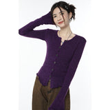 yipinpay Women Purple Cardigan Sweater Short Outerwear Round Neck Fashion Vintage Leisure Lazy Winter Knitting Single Breasting Coat 920