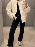 Yipinpay New 2024 Women Fashion Oversized Bomber Jacket Coat Vintage Solid Long Sleeve Female Pockets Chic Loose Outerwear