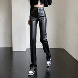 Yipinpay Leather Baggy Pants Women High Waist PU Faux Leather Trousers Patchwork Black Female Streetwear Clothing 2023