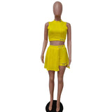 Yipinpay Short Culottes Two-Piece Suit Women Rop Top And Lace-Up Mini Skirt 2 Pieces Set Ruched Bottom Hakama Outfits