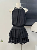 Yipinpay Two Piece Set Women Sleeveless Blouse Embroidery Lace Tank Tops Sexy Sweet Camis Ruffles Mini Skirts Female Elegant Suits