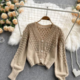 Yipinpay Cardigan Solid Color V Neck Short Sweater Lazy Wild Hollow Out Sweaters for Women Chic Pearl Button Knitted Coat Shirts