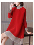 Yipinpay pleated contrast color half-high neck dress women loose split long-sleeved belly show fashionable high-end dress female