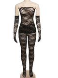 Yipinpay Simenual Trim Sheer Lace Women 3 Piece Sets Solid Strapless Tupe Top Hot Skinny Pantyhose Pants Baddie Club Outfit Lingerie Suit
