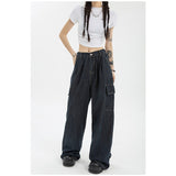 yipinpay Women's Blue Vintage Wide Leg Jeans Fashion Baggy High Waist Straight Pants High Street Mopping Denim Trouser Autumn Ladies