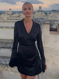Yipinpay Mo Black Satin V-Neck Shirt Dress Women 2023 Spring Flare Sleeve Lace Up Mini Dresses Elegant Ladies Party Vestidos