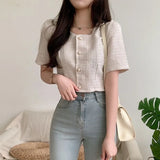 Yipinpay Shirts Tweed Short Sleeved Coat Tops Women's Single Breasted Pink Plaid Cardigan Beaded Crop Jackets Summer Y2k