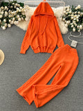 Yipinpay Winter Women Warm Knitted Suits Loose Drawstring Hooded Pullover+ Wide Legs Long Pants Fashion Sports Two Piece Sets