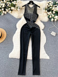 Yipinpay 2024 Women Beading Mesh Long Rompers Fashion Sleeveless Diamond Backless Slim Bodycon Sheer Sexy Jumpsuits
