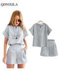 Yipinpay Summer New Cotton Linen Oversized Women's Shorts Sets Solid Fashion Short Sleeve T-shirt Top and Shorts 2 Piece Set Outfits