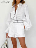 Yipinpay Rose Pink Patchwork Cotton Linen Shorts Sets 2 Pieces Fashion Lady Lantern Sleeve Blouses Office Outfits Short Suits