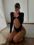 Yipinpay MO 2023New Cut Out Sexy Long Sleeve Bodysuits For Women Elegant O-Ring Metal Slim Tops High Rise Bodysuit Clothes