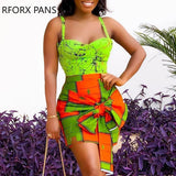 Yipinpay Women Chic Sleeveless All Over Print Bow Mini Sexy Bodycon Skirt Sets