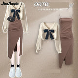 Yipinpay Women's Spring Autumn New Knitted Sweaters Two Piece 2024 Korean Elegant Bow Cardigan Strap Skirt Matching Set Female Clothing