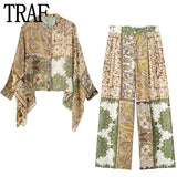 Yipinpay Patchwork Print Pants For Women Mid-Waist Baggy Pants Woman Vintage Casual Summer Pants Sets Streetwear Women's Trousers