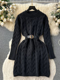 Yipinpay Office Lady Knitted Dress Twist Drill Shaped Long Sleeves Belt Solid Women Senior 2024 Winter Thick Sweater Midi Dress