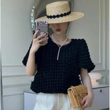 Yipinpay 3D Plaid Shirt Aesthetic Y2k Top Puff Short Sleeve Design Sense Niche Loose Fitting T-shirt Half Grunge Tee Graphic Solid