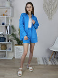 Yipinpay Cotton Linen Women Summer Set Of Top With Shorts Blue 2 Piece Set Female Casual Shorts Suits Pocket Shirt Outfit