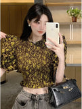 Yipinpay Mujer De Moda Sexy Floral Blouse Print Crop Top O Neck Ruffles Summer Shirts for Women 2023 Slim Shirt Femme Chic