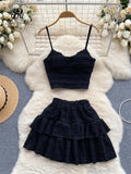 Yipinpay Sweet Ruched Two Pieces Sets V Neck Strap Crop Tops+Short Pleated Skirt Women Korean Style Chic Summer Beachwear Suits