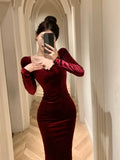 Yipinpay Autumn Winter Dresses Women Elegant Sexy Square Collar Slim Long Sleeve Vintage Velvet Dress Female French Style Chic