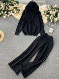 Yipinpay Winter Women Warm Knitted Suits Loose Drawstring Hooded Pullover+ Wide Legs Long Pants Fashion Sports Two Piece Sets