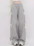 Yipinpay Women's Grey Lace Lace-up Pants Vintage Y2k Harajuku 90s Aesthetic Sweatpants Retro High Waist Wide Trousers 2000s Clothes 2024