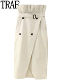 Yipinpay Paperbag Long Skirts For Women Fashion 2023 Wrap High Waist Skirt Women Gabardine Slit Midi Skirt Elegant Women's Skirts