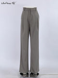 Yipinpay Elegant Khaki Wide Legs Pants Women Pleated All-Match High Waist Baggy Trousers Gray Office Ladies Long Pants 2023