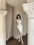 Yipinpay Summer New Elegant Dresses Women French Style Sexy Swinging Collar Satin Sleeveless Slim White Dress Ladies Stylish