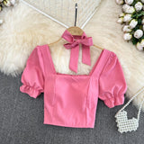 Yipinpay Korean Style Shirt For Women Sweet Square Neck Puff Short Sleeve All-Matched Pullover Shirt Femal Fashion Slim Short Top