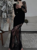 Yipinpay Printed See-Through Black Maxi Dress Women High Waist Lace Slim Mesh Patchwork Sexy Long Dress Party Looks Female Dress