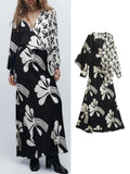 Yipinpay Spring Autumn Women Printed Mid-Calf Dresses 2023 Elegant Ladies V-Neck Dresses Long Sleeve Soft A-line Vestidos