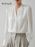 yipinpay Elegant Luxury White Shirts Women Plain Buttons French Loose Casual Loose Tops Female Blouses V-neck Korean Blusas