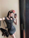 Yipinpay Girl Preppy Style Suit Women's Square Collar Slim Fit Short-sleeved Top High Waist Mini Skirt Two-piece Set Female Clothes