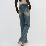 Yipinpay Retro Blue Washed Bootcut Jeans For Women Y2k Fashion High Waisted Wide Leg Pants Female Bottoms Cotton Denim Trousers