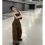 yipinpay Women Brown Casual Pants Vest Sleeveless Vintage Fashion Straight American Wide Leg Pants Female 2023 Summer Solid Trouser