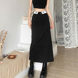 Yipinpay Vintage Y2k Long Black Skirt Women Fashion Streetwear 90s High Waist Printed Patchwork Back Split Straight Midi Skirt