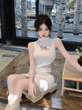 Yipinpay Women Two-piece Set French Pure Desire Sweet Spicy Hollow Sleeveless Backless Short Top Female Hollow Wrap Hip Slim Skirts