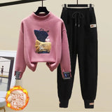 Yipinpay Women's Fashion Plush Sweater Tracksuits 2 Piece Set 2024 Winter Warm Loose Fake Two-piece Pullover Top + Pants Sportswear Suit