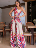 Yipinpay Women Printed One Shoulder Jumpsuit 2023 Summer Fashion Backless Wide Legs One Piece Pants Elegant Office Ladies Outfit
